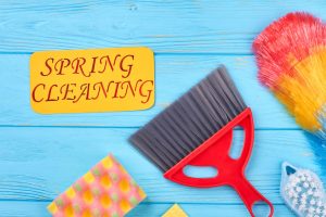 Reinigungsutensilien fuer den Fruehjahrsputz im Ferienhaus - Eimer, Handschuhe und Putzlappen